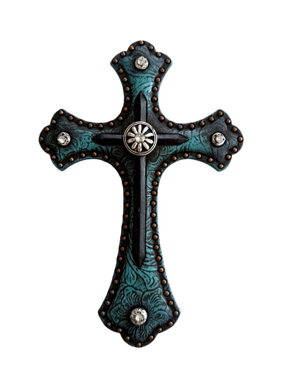 Decorative Wall Cross With Embellished Rhinestones & Turquoise Floral Pattern 7.